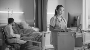 A clinician is tending to their patient, while a nurse uses perioperative software to capture important data along the patient journey.
