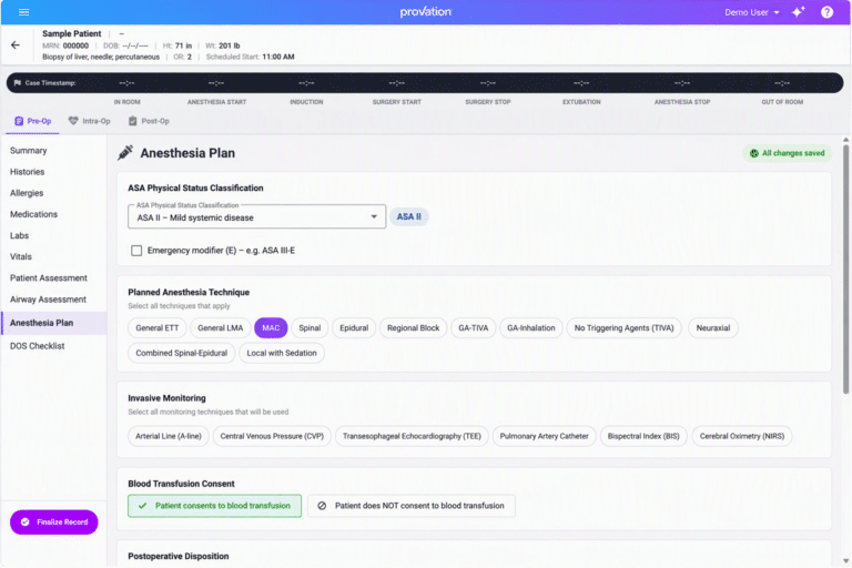 Provation Apex for Anesthesia pre-op anesthesia plan screen