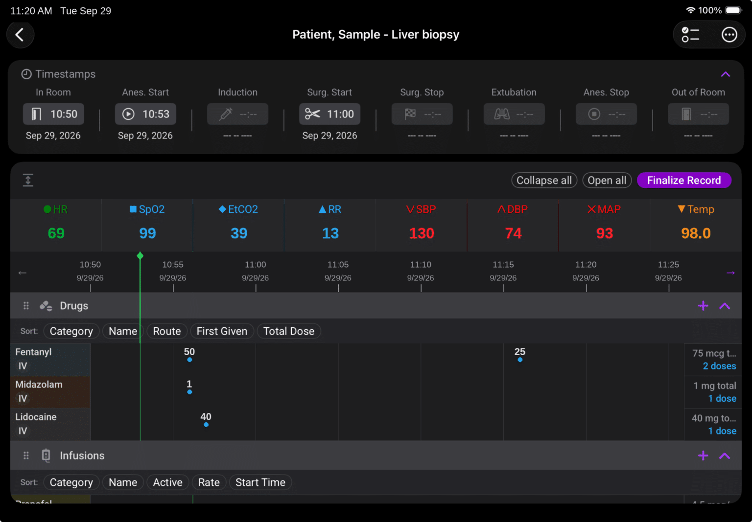 Provation Apex for Anesthesia intra-op record on a tablet, with case timestamps, vital signs, and drug documentation