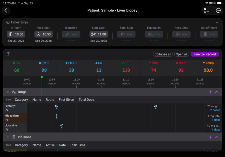 Provation Apex for Anesthesia intra-op drug and infusion documentation on a tablet