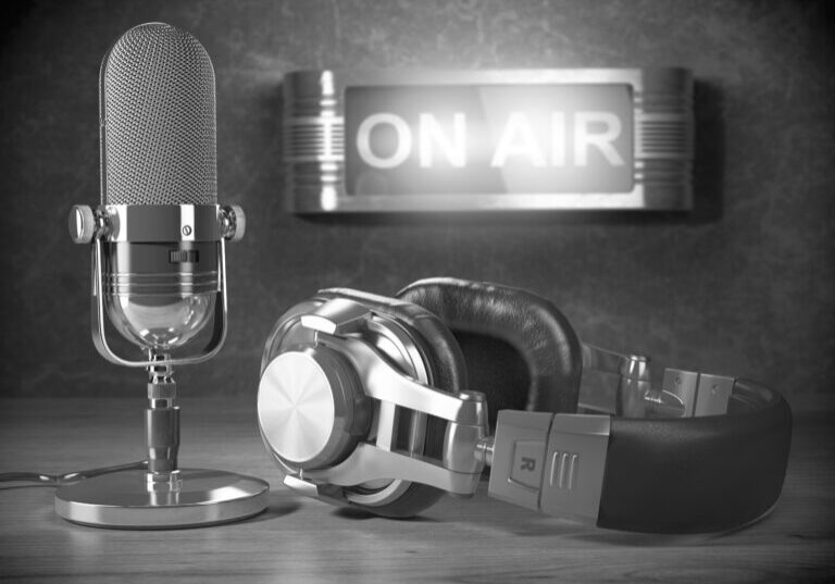 Vintage microphone and headphones