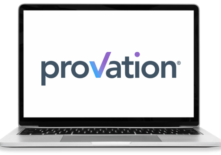 A Laptop with the Provation logo printed on the screen