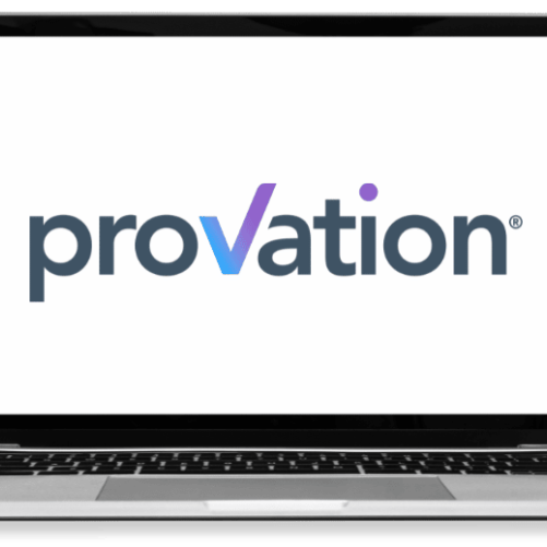 A Laptop with the Provation logo printed on the screen