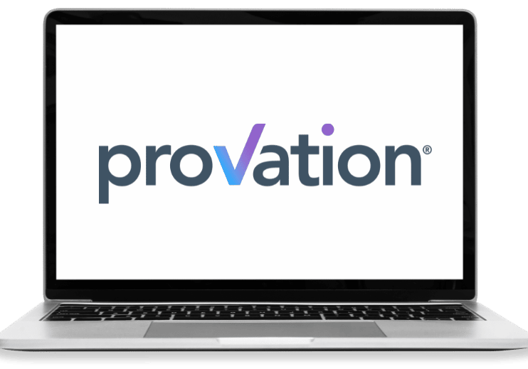 A Laptop with the Provation logo printed on the screen